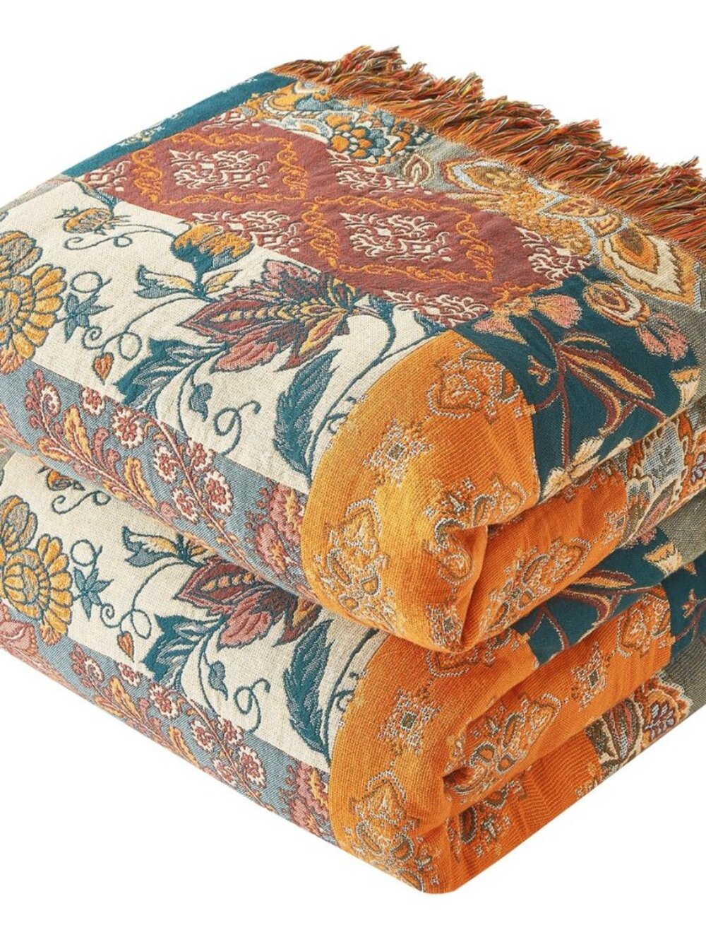 Boho Throw Blanket, 100% Cotton, Woven Floral Pattern, 50"x60"